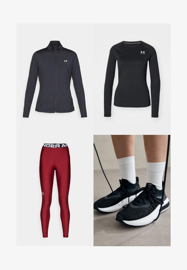 Chaqueta deportiva negra hecha de una tela suave y elástica, con cuello alto y cremallera completa, que presenta un pequeño logo blanco en la parte superior izquierda.; Camisa atlética de manga larga negra hecha de una tela suave, con un escote redondo y un pequeño logotipo blanco en el lado izquierdo del pecho.; Leggings burdeos hechos de un material elástico con una cinturilla elástica negra que presenta "UNDER ARMOUR" impreso en blanco.; Zapatillas deportivas negras con tela texturizada, suela blanca y cordones negros. Llevadas con calcetines blancos de canalé, de pie sobre una superficie clara.