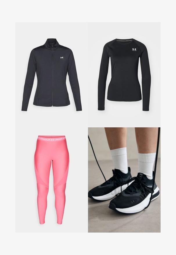 Fekete sportos dzseki sima, rugalmas anyagból, magas gallérral és teljes cipzárral, az elülső bal oldalon egy kis fehér logóval.; Fekete, hosszú ujjú sportpóló sima anyagból, kerek nyakkivágással és egy kis fehér logóval a bal mellrészen.; Rózsaszín sportleggings, sima felülettel, fehér elasztikus derékpánttal, amelyen az "Under Armour" logó és szögletes dizájn részletek találhatók.; Fekete sportcipők textúrált anyagból, fehér talppal és fekete fűzőkkel. Fehér bordázott zoknikkal viselve, világos felületen állva.