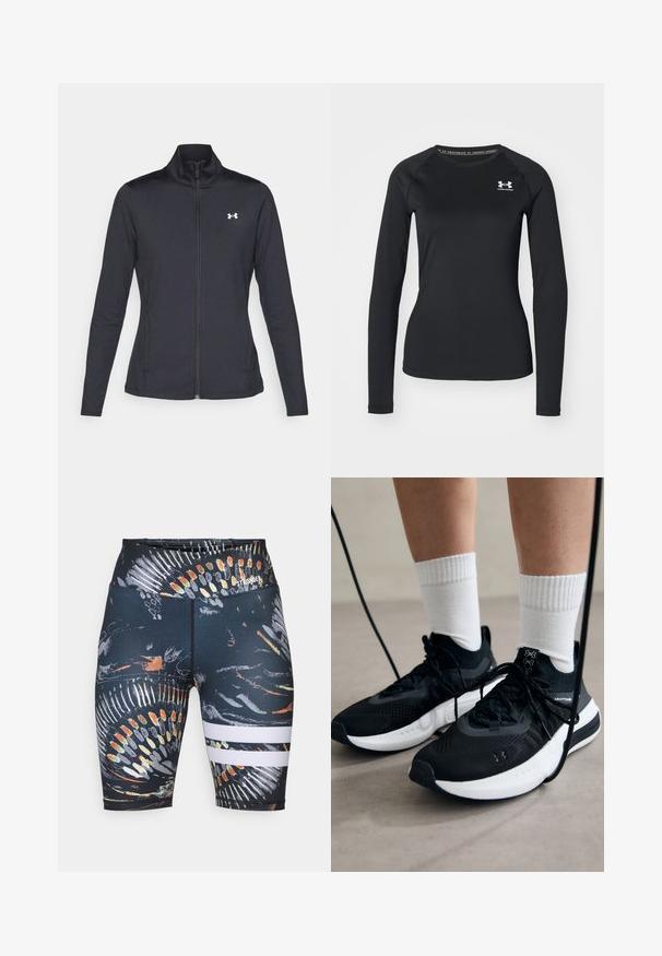 Fekete sportos dzseki sima, rugalmas anyagból, magas gallérral és teljes cipzárral, az elülső bal oldalon egy kis fehér logóval.; Fekete, hosszú ujjú sportpóló sima anyagból, kerek nyakkivágással és egy kis fehér logóval a bal mellrészen.; Fekete sportnadrág színes absztrakt mintával. Két fehér vízszintes csík található a szegély közelében. Rugalmas anyagból készült.; Fekete sportcipők textúrált anyagból, fehér talppal és fekete fűzőkkel. Fehér bordázott zoknikkal viselve, világos felületen állva.