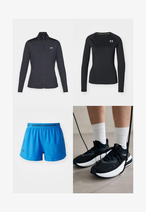 Black athletic jacket made of smooth, stretchy fabric with a high collar and full zipper, featuring a small white logo on the upper left side.; Black long-sleeve athletic shirt made of smooth fabric, featuring a round neckline and a small white logo on the left chest.; Blue athletic shorts made from lightweight fabric. Features an elastic waistband with "UNDER ARMOUR" branding and a small logo on the side.; Black athletic shoes with textured fabric, white sole, and black laces. Worn with white ribbed socks, standing on a light surface.