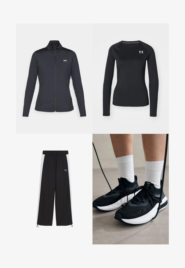Sort atletisk jakke lavet af glat, strækbart stof med høj krave og fuld lynlås, der har et lille hvidt logo på den øverste venstre side.; Sort langærmet atletisk skjorte lavet af glat stof, med rund halsudskæring og et lille hvidt logo på venstre bryst.; Nejagtige sorte træningsbukser med hvide sidestipes, elastisk talje og snoretræk ved kanten. Har et lille hvidt logo.; Sorte sportssko med tekstureret stof, hvid sål og sorte snørebånd. Båret med hvide ribbede sokker, stående på en lys overflade.