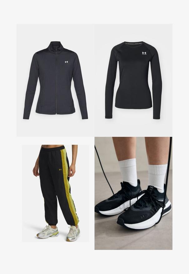 Juodas sportinis švarkas, pagamintas iš lygios, elastingos medžiagos, su aukštu apykakle ir pilnu užtrauktuku, su maža balta logo kairiajame viršutiniame kampe.; Juoda ilgarankovė sportinė marškinėlė, pagaminta iš lygaus audinio, su apvaliu kaklu ir maža balta logotipu kairėje krūtinės pusėje.; Juodos sportinės kelnės su geltonomis šoninėmis juostelėmis, elastingu juosmeniu ir siaurėjančiomis kojomis. Pagamintos iš lengvos medžiagos. Yra "Under Armour" logotipas.; Juodi sportiniai batai su tekstūruotu audiniu, balta padu ir juodais raiščiais. Dėvimi su baltais raištiniais kojiniais, stovint lengvame paviršiuje.