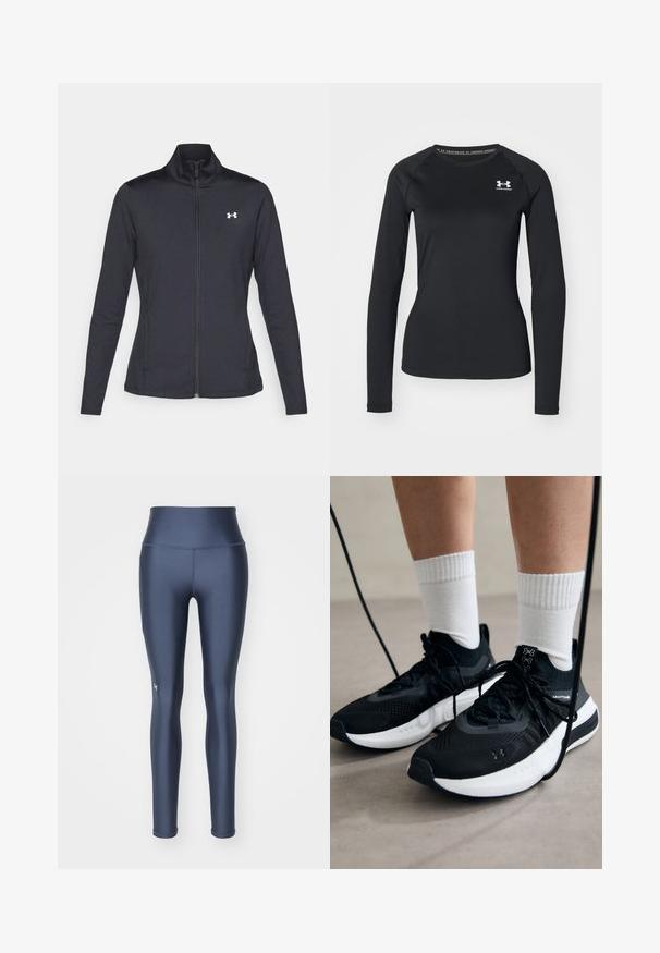Black athletic jacket made of smooth, stretchy fabric with a high collar and full zipper, featuring a small white logo on the upper left side.; Black long-sleeve athletic shirt made of smooth fabric, featuring a round neckline and a small white logo on the left chest.; Navy blue leggings made of smooth, stretchy material. High waist with an elastic band. Features a small logo near the ankle.; Black athletic shoes with textured fabric, white sole, and black laces. Worn with white ribbed socks, standing on a light surface.