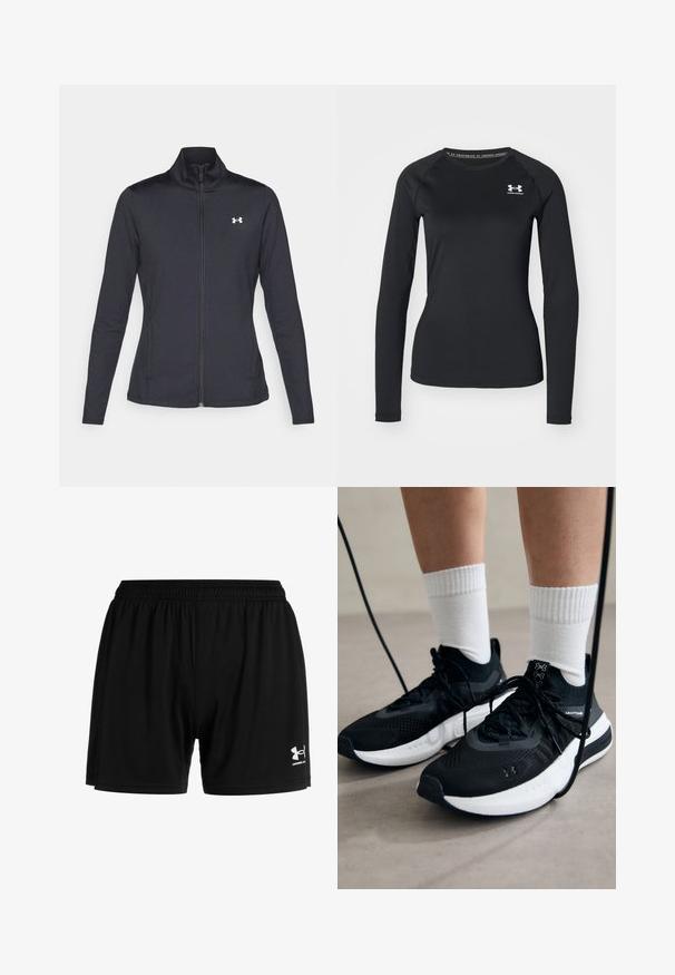 Juodas sportinis švarkas, pagamintas iš lygios, elastingos medžiagos, su aukštu apykakle ir pilnu užtrauktuku, su maža balta logo kairiajame viršutiniame kampe.; Juoda ilgarankovė sportinė marškinėlė, pagaminta iš lygaus audinio, su apvaliu kaklu ir maža balta logotipu kairėje krūtinės pusėje.; Juodi sportiniai šortai, pagaminti iš lengvos medžiagos, su elastine juosta ir mažai balta Under Armour logo kairėje apatinėje pusėje.; Juodi sportiniai batai su tekstūruotu audiniu, balta padu ir juodais raiščiais. Dėvimi su baltais raištiniais kojiniais, stovint lengvame paviršiuje.