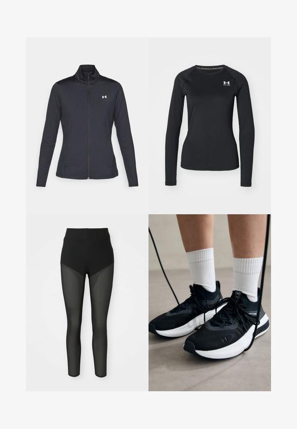 Fekete sportos dzseki sima, rugalmas anyagból, magas gallérral és teljes cipzárral, az elülső bal oldalon egy kis fehér logóval.; Fekete, hosszú ujjú sportpóló sima anyagból, kerek nyakkivágással és egy kis fehér logóval a bal mellrészen.; Fekete, magas derekú leggingek, félig átlátszó hálós panelek elöl a combokon és az alsó lábszáron, varrás nélküli dizájn, testhez simuló sziluett.; Fekete sportcipők textúrált anyagból, fehér talppal és fekete fűzőkkel. Fehér bordázott zoknikkal viselve, világos felületen állva.