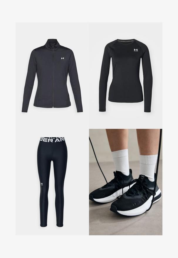 Giacca sportiva nera realizzata in tessuto morbido ed elasticizzato, con colletto alto e zip completa, caratterizzata da un piccolo logo bianco sul lato sinistro superiore.; Maglietta sportiva nera a maniche lunghe realizzata in tessuto liscio, con scollatura tonda e un piccolo logo bianco sul lato sinistro del petto.; Leggings atletici neri con una texture liscia, dotati di una cintura ampia con "UNDER ARMOUR" in bianco e un piccolo logo sulla parte inferiore della gamba.; Scarpe sportive nere con tessuto testurizzato, suola bianca e lacci neri. Indossate con calzini bianchi a costine, in piedi su una superficie chiara.