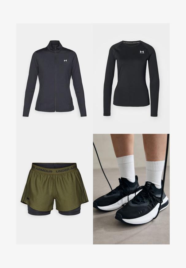 Casaco atlético preto feito de um tecido liso e elástico, com gola alta e zíper completo, apresentando um pequeno logótipo branco no canto superior esquerdo.; Camisola atlética de manga longa preta, feita de tecido suave, com decote redondo e um pequeno logótipo branco no lado esquerdo do peito.; Calções atléticos verdes com uma cintura preta apresentando a inscrição "UNDER ARMOUR". Inclui calções interiores pretos para maior suporte e cobertura.; Sapatilhas desportivas pretas com tecido texturizado, sola branca e atacadores pretos. Usadas com meias brancas caneladas, a pé sobre uma superfície clara.