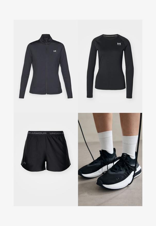 Mustmust mustrits mustritud jahk, valmistatud sujuvast, venivast kangast, kõrge kraega ja täispika tõmbluku ning väikese valge logoga vasakul üleval poole.; Must lâuhi keskmise käisteta sportlik särk, mis on valmistatud siledast kangast, ümmarguse kaelusega ning väikese valge logoga vasakul rinnal.; Mustad mustad spordijalanõud laia elastse vöökohtaga, millel on hall "UNDER ARMOUR" logo. Pehme, kergest kangast, külgsuunaliste lõigetega liikuvuse tagamiseks.; Mustad mustad jalanõud tekstuuritud kangast, valge tallaga ja mustade paeltega. Kanna valgete soonikkudega sokkide sisse, seistes helesinisel pinnal.