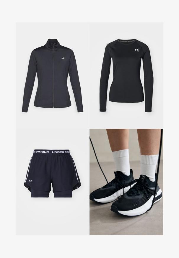 Jachetă sport neagră realizată dintr-un material neted și elastic, cu guler înalt și fermoar complet, având un mic logo alb în colțul din stânga sus.; Cămașă sport cu mâneci lungi, neagră, realizată dintr-un material neted, având un decolteu rotund și un mic logo alb pe pieptul stâng.; Pantaloni scurți atletici bleumarin cu un logo și un elastic alb. Include un design stratificat cu pantaloni scurți interiori ajustați și o țesătură ușoară.; Căști atletice negre cu țesătură texturată, talpă albă și șireturi negre. Purtați cu șosete albe cu riflaje, stând pe o suprafață deschisă.