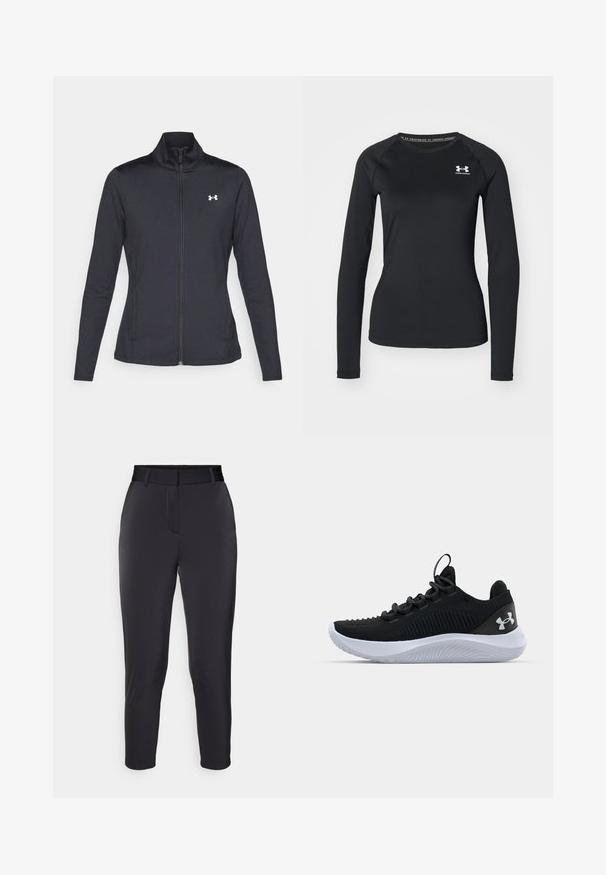 Fekete sportos dzseki sima, rugalmas anyagból, magas gallérral és teljes cipzárral, az elülső bal oldalon egy kis fehér logóval.; Fekete, hosszú ujjú sportpóló sima anyagból, kerek nyakkivágással és egy kis fehér logóval a bal mellrészen.; Fekete szabott nadrág sima textúrával, egyenes szárú szabással és középmagasságú derékrésszel. Elől zsebbel és diszkrét varrási részletekkel rendelkezik.; Fekete sportcipők légáteresztő hálós felsőrésszel, texturált részletekkel és fehér gumitalppal. Lapos fűzővel és sarokhúzó füllel rendelkezik.