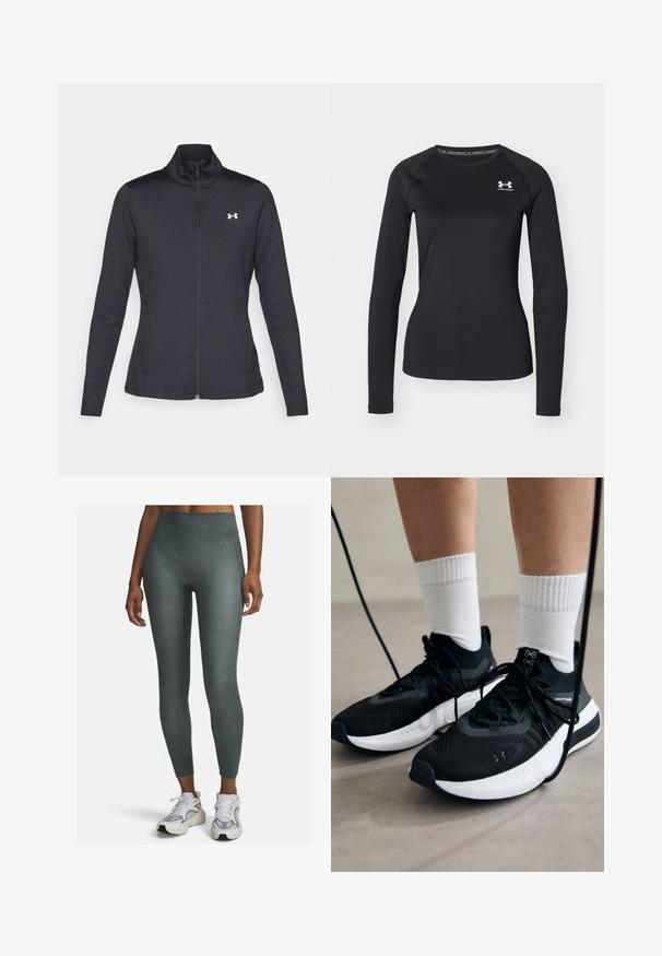 Musta urheilutakki, joka on valmistettu sileästä ja joustavasta kankaasta. Takissa on korkea kaulus ja täysipitkä vetoketju, sekä pieni valkoinen logo vasemmalla ylhäällä.; Musta pitkähihainen urheilupaita, joka on valmistettu sileästä kankaasta. Paidassa on pyöreä kaula-aukko ja pieni valkoinen logo vasemmalla rinnalla.; Korkeavyötäröiset legginsit hillityn vihreänä, valmistettu sileästä, joustavasta materiaalista, jossa on sivusaumat ja tiukka muotoilu.; Mustat urheilukengät, joissa on teksturoitua kangasta, valkoiset pohjat ja mustat nauhat. Yhdistetty valkoisten urheilusukkien kanssa, seisten vaalealla pinnalla.