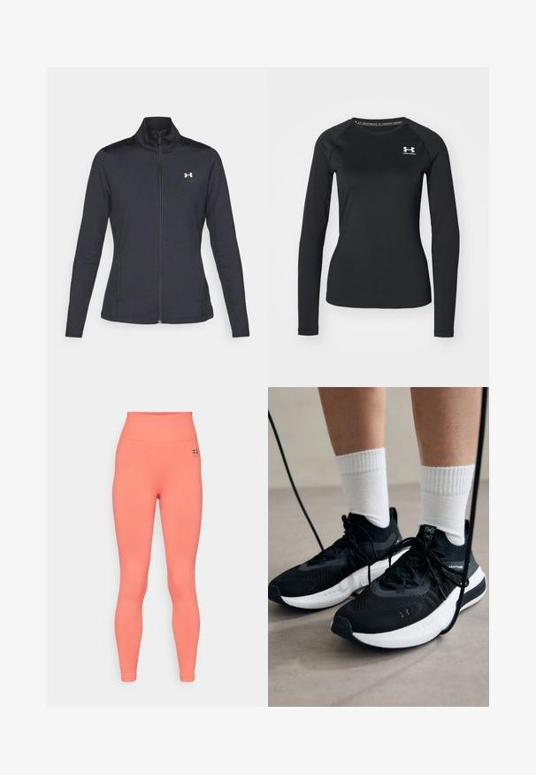 Musta urheilutakki, joka on valmistettu sileästä ja joustavasta kankaasta. Takissa on korkea kaulus ja täysipitkä vetoketju, sekä pieni valkoinen logo vasemmalla ylhäällä.; Musta pitkähihainen urheilupaita, joka on valmistettu sileästä kankaasta. Paidassa on pyöreä kaula-aukko ja pieni valkoinen logo vasemmalla rinnalla.; Korkeavyöttöiset legginsit kirkkaan korallinvärisinä, valmistettu venyvästä kankaasta. Sisältää sileän pinnan ja pienen mustan logon vyötäröllä.; Mustat urheilukengät, joissa on teksturoitua kangasta, valkoiset pohjat ja mustat nauhat. Yhdistetty valkoisten urheilusukkien kanssa, seisten vaalealla pinnalla.