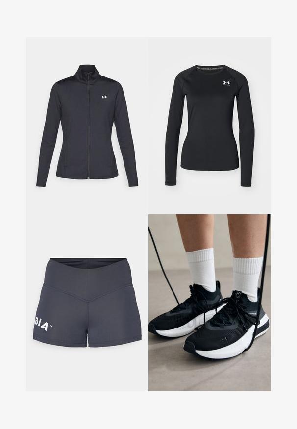 Juodas sportinis švarkas, pagamintas iš lygios, elastingos medžiagos, su aukštu apykakle ir pilnu užtrauktuku, su maža balta logo kairiajame viršutiniame kampe.; Juoda ilgarankovė sportinė marškinėlė, pagaminta iš lygaus audinio, su apvaliu kaklu ir maža balta logotipu kairėje krūtinės pusėje.; Tamsiai pilki sportiniai šortai su plačiu juosmeniu ir kontrastinga balta logo. Lygus paviršius, prigludusi forma ir minimalūs siuvimo detaliai.; Juodi sportiniai batai su tekstūruotu audiniu, balta padu ir juodais raiščiais. Dėvimi su baltais raištiniais kojiniais, stovint lengvame paviršiuje.