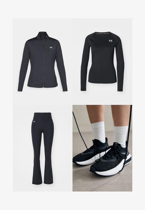Chaqueta deportiva negra hecha de una tela suave y elástica, con cuello alto y cremallera completa, que presenta un pequeño logo blanco en la parte superior izquierda.; Camisa atlética de manga larga negra hecha de una tela suave, con un escote redondo y un pequeño logotipo blanco en el lado izquierdo del pecho.; Pantalones de entrenamiento acampanados negros, fabricados en un material elástico, con una cintura alta y un bolsillo lateral. El logo se encuentra en la parte delantera.; Zapatillas deportivas negras con tela texturizada, suela blanca y cordones negros. Llevadas con calcetines blancos de canalé, de pie sobre una superficie clara.