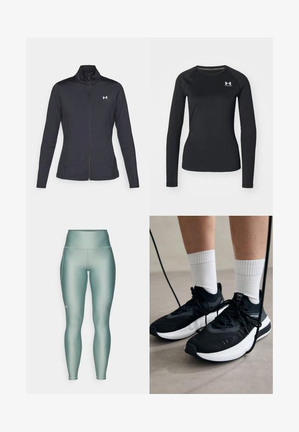 Svart idrottsjacka i slät, elastisk tyg med hög krage och hel dragkedja, med en liten vit logotyp på övre vänstra sidan.; Svart långärmad träningströja i glatt material, med rund halsringning och en liten vit logotyp på vänster bröst.; Höga, hel längd tights i en dämpad grön färg. Tillverkade av ett slätt, elastiskt material med en subtil glans och sidofickor.; Svarta sportskor med texturerat tyg, vit sula och svarta snören. Bärs med vita reglerade strumpor, stående på en ljus yta.
