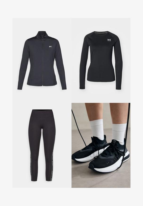 Casaco atlético preto feito de um tecido liso e elástico, com gola alta e zíper completo, apresentando um pequeno logótipo branco no canto superior esquerdo.; Camisola atlética de manga longa preta, feita de tecido suave, com decote redondo e um pequeno logótipo branco no lado esquerdo do peito.; Leggings desportivos pretos com uma cintura alta, apresentando um design de risca lateral em branco com texto da marca. Tecido liso e elástico.; Sapatilhas desportivas pretas com tecido texturizado, sola branca e atacadores pretos. Usadas com meias brancas caneladas, a pé sobre uma superfície clara.