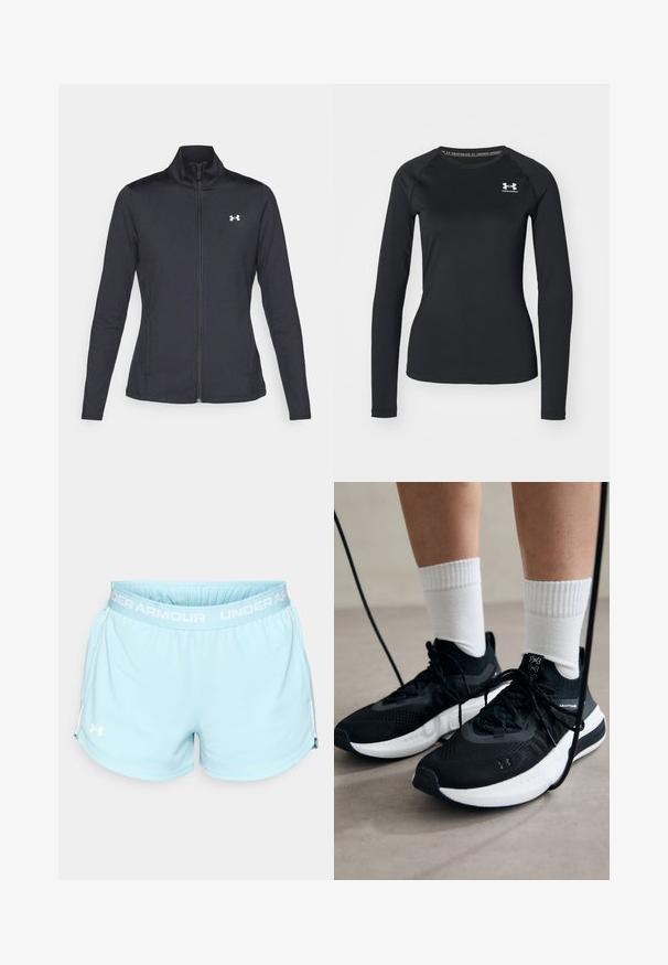 Jachetă sport neagră realizată dintr-un material neted și elastic, cu guler înalt și fermoar complet, având un mic logo alb în colțul din stânga sus.; Cămașă sport cu mâneci lungi, neagră, realizată dintr-un material neted, având un decolteu rotund și un mic logo alb pe pieptul stâng.; Shorts atletici de culoare albastru deschis, cu un brâu elastic, având un logo alb "UNDER ARMOUR" și fante subtile pe laturi la margine.; Căști atletice negre cu țesătură texturată, talpă albă și șireturi negre. Purtați cu șosete albe cu riflaje, stând pe o suprafață deschisă.