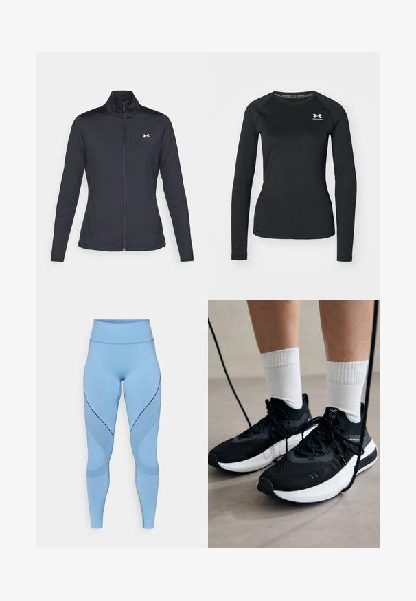Fekete sportos dzseki sima, rugalmas anyagból, magas gallérral és teljes cipzárral, az elülső bal oldalon egy kis fehér logóval.; Fekete, hosszú ujjú sportpóló sima anyagból, kerek nyakkivágással és egy kis fehér logóval a bal mellrészen.; Világoskék leggings, rugalmas anyagból, magas derékkal, ívelt varrásokkal és texturált diagonális mintákkal az oldalán.; Fekete sportcipők textúrált anyagból, fehér talppal és fekete fűzőkkel. Fehér bordázott zoknikkal viselve, világos felületen állva.