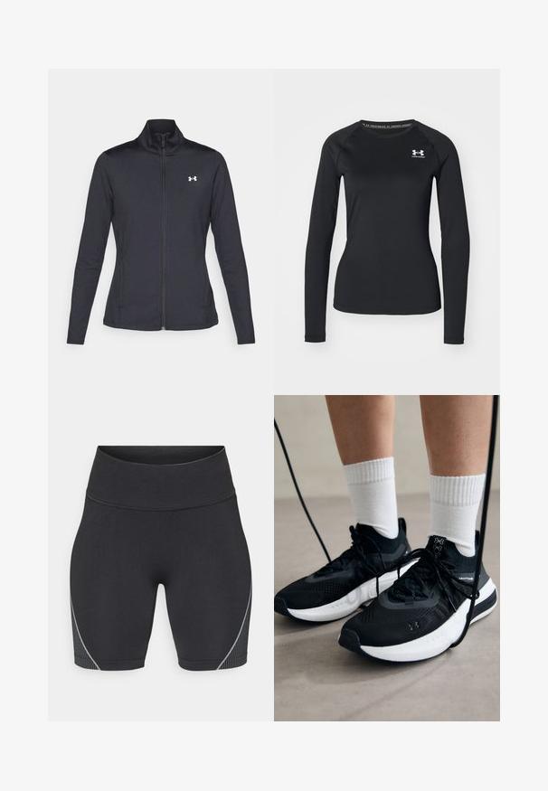 Casaco atlético preto feito de um tecido liso e elástico, com gola alta e zíper completo, apresentando um pequeno logótipo branco no canto superior esquerdo.; Camisola atlética de manga longa preta, feita de tecido suave, com decote redondo e um pequeno logótipo branco no lado esquerdo do peito.; Calções atléticos pretos com um cós alto, feitos de tecido elástico. Apresenta um design elegante e discretas listas cinzas ao longo do lado.; Sapatilhas desportivas pretas com tecido texturizado, sola branca e atacadores pretos. Usadas com meias brancas caneladas, a pé sobre uma superfície clara.