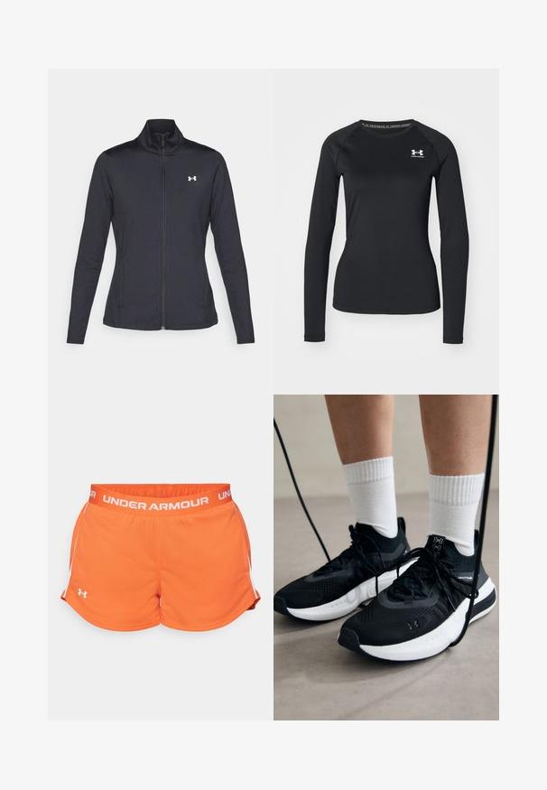 Svart idrottsjacka i slät, elastisk tyg med hög krage och hel dragkedja, med en liten vit logotyp på övre vänstra sidan.; Svart långärmad träningströja i glatt material, med rund halsringning och en liten vit logotyp på vänster bröst.; Orange träningsshorts med vävd textur, elastisk midja och vita detaljer på sidorna. Utmärker sig av "UNDER ARMOUR"-logotypen i vitt.; Svarta sportskor med texturerat tyg, vit sula och svarta snören. Bärs med vita reglerade strumpor, stående på en ljus yta.