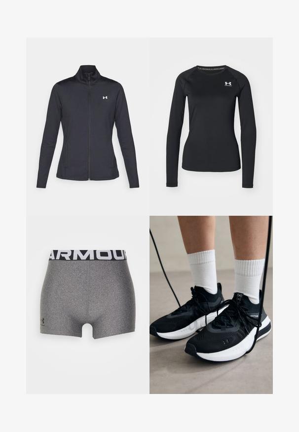 Black athletic jacket made of smooth, stretchy fabric with a high collar and full zipper, featuring a small white logo on the upper left side.; Black long-sleeve athletic shirt made of smooth fabric, featuring a round neckline and a small white logo on the left chest.; Gray athletic shorts with a fitted design, made from a textured material. Features a wide black waistband with "ARMOUR" in white.; Black athletic shoes with textured fabric, white sole, and black laces. Worn with white ribbed socks, standing on a light surface.