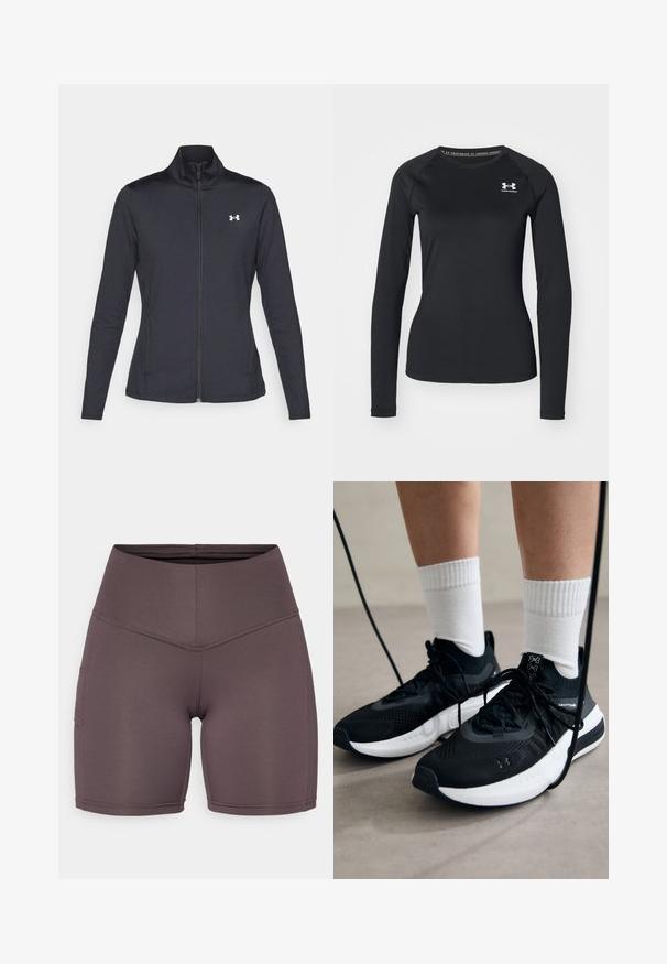 Juodas sportinis švarkas, pagamintas iš lygios, elastingos medžiagos, su aukštu apykakle ir pilnu užtrauktuku, su maža balta logo kairiajame viršutiniame kampe.; Juoda ilgarankovė sportinė marškinėlė, pagaminta iš lygaus audinio, su apvaliu kaklu ir maža balta logotipu kairėje krūtinės pusėje.; Aukštai įsiūti, prigludę šortai pagaminti iš minkštos, elastingos medžiagos nuobodžiai rudos spalvos. Pasižymi plokščiu siūlų siuvimu ir šoninėmis kišenėmis.; Juodi sportiniai batai su tekstūruotu audiniu, balta padu ir juodais raiščiais. Dėvimi su baltais raištiniais kojiniais, stovint lengvame paviršiuje.