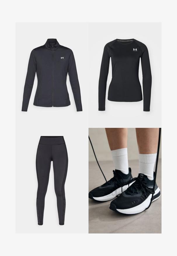 Fekete sportos dzseki sima, rugalmas anyagból, magas gallérral és teljes cipzárral, az elülső bal oldalon egy kis fehér logóval.; Fekete, hosszú ujjú sportpóló sima anyagból, kerek nyakkivágással és egy kis fehér logóval a bal mellrészen.; Fekete leggings rugalmas anyagból. Magas derékú övrész, sima textúrával, az alsó lábszáron mintás kiegészítőkkel.; Fekete sportcipők textúrált anyagból, fehér talppal és fekete fűzőkkel. Fehér bordázott zoknikkal viselve, világos felületen állva.