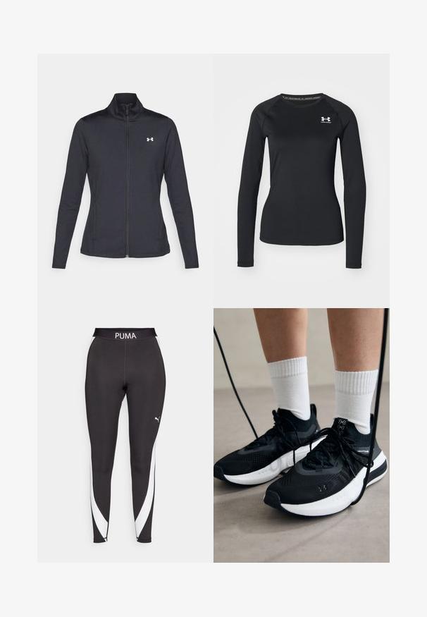 Giacca sportiva nera realizzata in tessuto morbido ed elasticizzato, con colletto alto e zip completa, caratterizzata da un piccolo logo bianco sul lato sinistro superiore.; Maglietta sportiva nera a maniche lunghe realizzata in tessuto liscio, con scollatura tonda e un piccolo logo bianco sul lato sinistro del petto.; Leggings sportivi neri con pannello laterale bianco, logo PUMA sulla parte superiore della cintura, e un tessuto liscio ed elastico.; Scarpe sportive nere con tessuto testurizzato, suola bianca e lacci neri. Indossate con calzini bianchi a costine, in piedi su una superficie chiara.