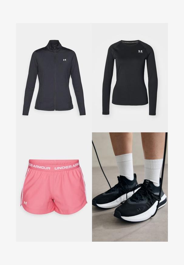 Musta urheilutakki, joka on valmistettu sileästä ja joustavasta kankaasta. Takissa on korkea kaulus ja täysipitkä vetoketju, sekä pieni valkoinen logo vasemmalla ylhäällä.; Musta pitkähihainen urheilupaita, joka on valmistettu sileästä kankaasta. Paidassa on pyöreä kaula-aukko ja pieni valkoinen logo vasemmalla rinnalla.; Pinkki urheilushortsit, jotka on valmistettu kevyestä kankaasta. Ne sisältävät valkoisen vyötärönauhan, jossa on "UNDER ARMOUR" -logo, sekä erottuvat sivuraidat.; Mustat urheilukengät, joissa on teksturoitua kangasta, valkoiset pohjat ja mustat nauhat. Yhdistetty valkoisten urheilusukkien kanssa, seisten vaalealla pinnalla.