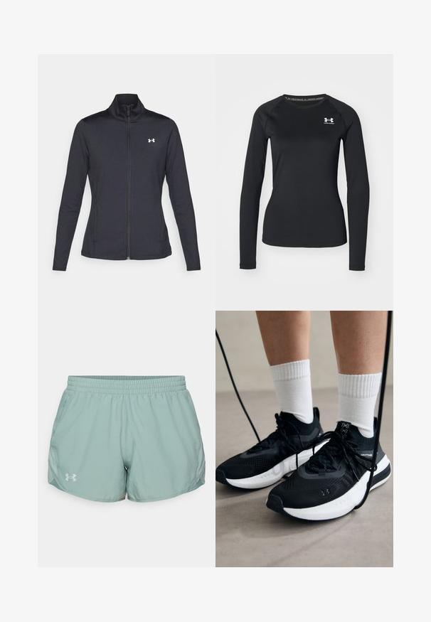 Fekete sportos dzseki sima, rugalmas anyagból, magas gallérral és teljes cipzárral, az elülső bal oldalon egy kis fehér logóval.; Fekete, hosszú ujjú sportpóló sima anyagból, kerek nyakkivágással és egy kis fehér logóval a bal mellrészen.; Világoskék atlétikai rövidnadrág könnyű anyagból. Jellemzője egy rugalmas derékpánt, oldalsó zsebek és egy fényvisszaverő logó az elején.; Fekete sportcipők textúrált anyagból, fehér talppal és fekete fűzőkkel. Fehér bordázott zoknikkal viselve, világos felületen állva.