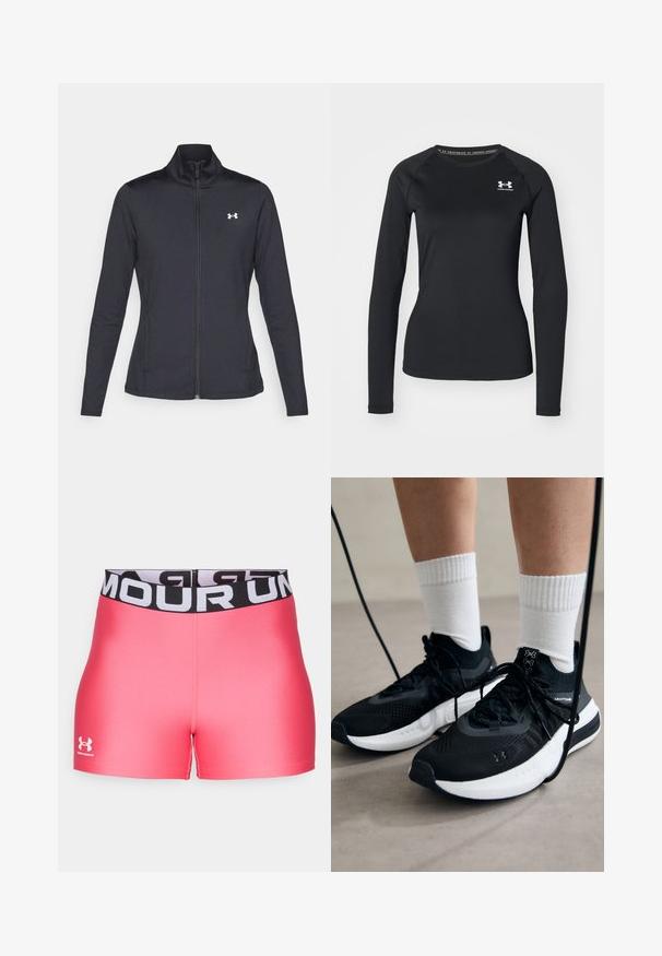 Fekete sportos dzseki sima, rugalmas anyagból, magas gallérral és teljes cipzárral, az elülső bal oldalon egy kis fehér logóval.; Fekete, hosszú ujjú sportpóló sima anyagból, kerek nyakkivágással és egy kis fehér logóval a bal mellrészen.; Rózsaszín sportnadrág fekete derékrésszel, amelyen fehér betűkkel szerepel az "UNDER ARMOUR" felirat. Sima textúra, testhezálló dizájn és combközép hosszúság.; Fekete sportcipők textúrált anyagból, fehér talppal és fekete fűzőkkel. Fehér bordázott zoknikkal viselve, világos felületen állva.