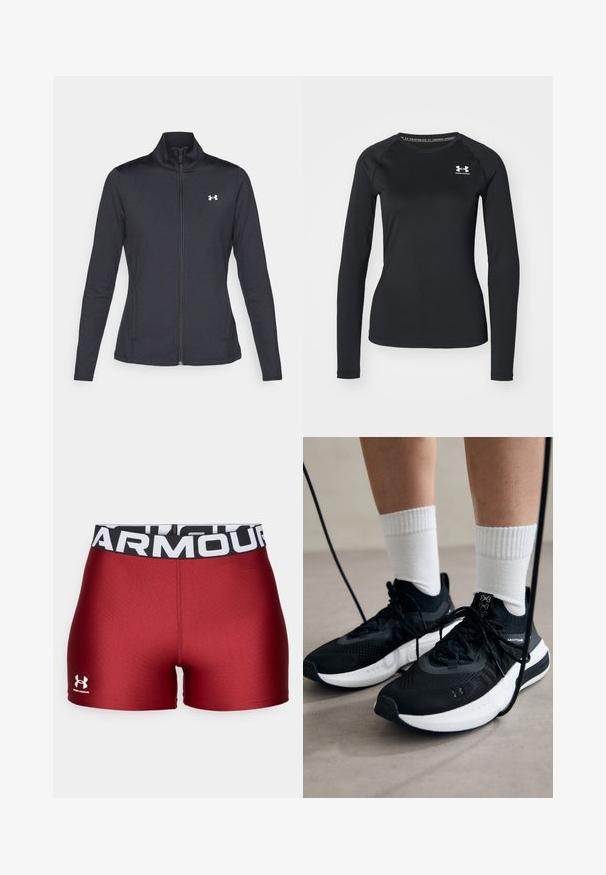 Svart treningsjakke laget av glatt, elastisk stoff med høy krage og hel glidelås, med en liten hvit logo på øvre venstre side.; Svart langermet treningsskjorte laget av glatt stoff, med rund hals og en liten hvit logo på venstre bryst.; Under Armour HEATGEAR SHORTY - Tights - cardinal/white; Svarte treningssko med teksturert stoff, hvit såle og svarte snøringer. Brukt med hvite ribbestrikkede sokker, stående på en lys overflate.