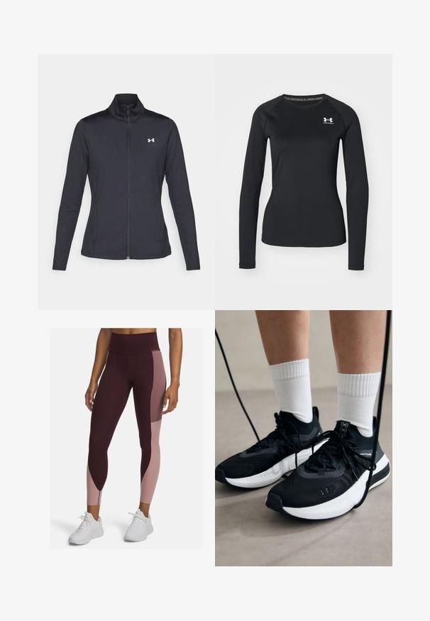 Juodas sportinis švarkas, pagamintas iš lygios, elastingos medžiagos, su aukštu apykakle ir pilnu užtrauktuku, su maža balta logo kairiajame viršutiniame kampe.; Juoda ilgarankovė sportinė marškinėlė, pagaminta iš lygaus audinio, su apvaliu kaklu ir maža balta logotipu kairėje krūtinės pusėje.; Aukštos liemens leggingai tamsiai burgundijos spalvos ir švelniai rožinės spalvos, su spalvų blokų dizainu ir lygiu tekstūrom, derinami su baltais sportiniais batais.; Juodi sportiniai batai su tekstūruotu audiniu, balta padu ir juodais raiščiais. Dėvimi su baltais raištiniais kojiniais, stovint lengvame paviršiuje.