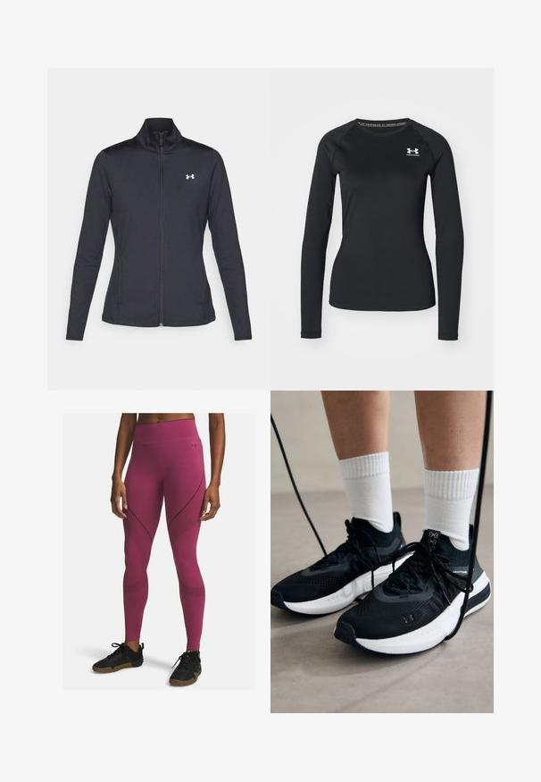 Black athletic jacket made of smooth, stretchy fabric with a high collar and full zipper, featuring a small white logo on the upper left side.; Black long-sleeve athletic shirt made of smooth fabric, featuring a round neckline and a small white logo on the left chest.; Fitted athletic leggings in a deep pink hue with textured panels, striped accents, and high waistband, paired with black athletic shoes.; Black athletic shoes with textured fabric, white sole, and black laces. Worn with white ribbed socks, standing on a light surface.