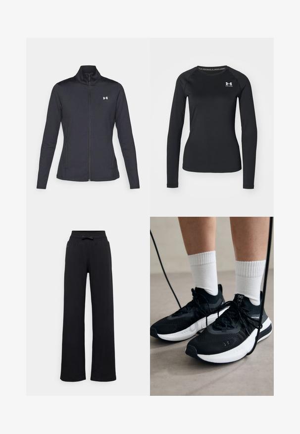 Black athletic jacket made of smooth, stretchy fabric with a high collar and full zipper, featuring a small white logo on the upper left side.; Black long-sleeve athletic shirt made of smooth fabric, featuring a round neckline and a small white logo on the left chest.; Black sweatpants with a wide-leg design, elastic waistband, and a bow accent detail. Smooth texture with no visible patterns or hardware.; Black athletic shoes with textured fabric, white sole, and black laces. Worn with white ribbed socks, standing on a light surface.