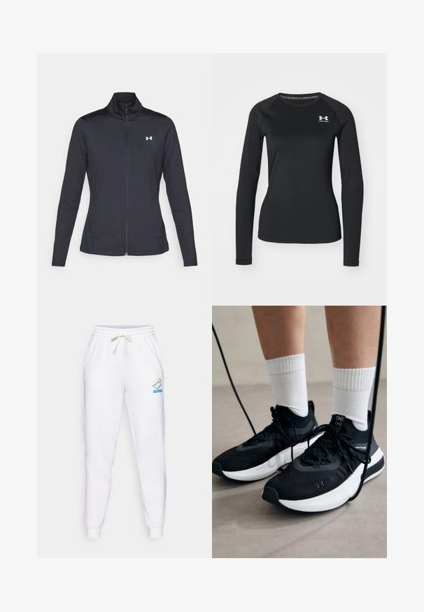 Svart idrottsjacka i slät, elastisk tyg med hög krage och hel dragkedja, med en liten vit logotyp på övre vänstra sidan.; Svart långärmad träningströja i glatt material, med rund halsringning och en liten vit logotyp på vänster bröst.; Vita sweatpants med elastisk midja och justerbar dragsko. Har en blå och flerfärgad Lotto-logotyp på vänstra låret.; Svarta sportskor med texturerat tyg, vit sula och svarta snören. Bärs med vita reglerade strumpor, stående på en ljus yta.