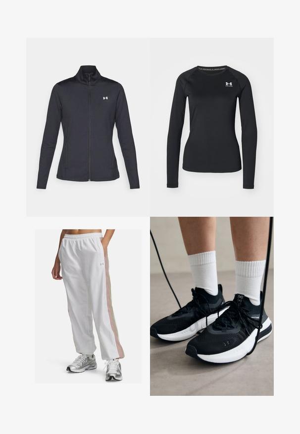 Schwarze Sportjacke aus glattem, dehnbarem Stoff mit hohem Kragen und durchgehendem Reißverschluss, ausgestattet mit einem kleinen weißen Logo auf der oberen linken Seite.; Schwarzes langärmliges Sportshirt aus glattem Material, mit Rundhalsausschnitt und einem kleinen weißen Logo auf der linken Brust.; Weiße Sporthose mit elastischem Gürtel, ausgestattet mit pastellrosa und beigen seitlichen Streifen. Hergestellt aus leichtem, glattem Material.; Schwarze Sportschuhe aus strukturiertem Stoff, mit weißer Sohle und schwarzen Schnürsenkeln. Tragen mit weißen gerippten Socken, stehen auf einer hellen Fläche.