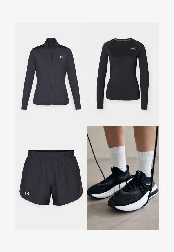 Chaqueta deportiva negra hecha de una tela suave y elástica, con cuello alto y cremallera completa, que presenta un pequeño logo blanco en la parte superior izquierda.; Camisa atlética de manga larga negra hecha de una tela suave, con un escote redondo y un pequeño logotipo blanco en el lado izquierdo del pecho.; Pantalones cortos deportivos negros hechos de tela ligera con una cintura elástica, bolsillos laterales y un pequeño logo en la parte inferior de la pierna izquierda.; Zapatillas deportivas negras con tela texturizada, suela blanca y cordones negros. Llevadas con calcetines blancos de canalé, de pie sobre una superficie clara.