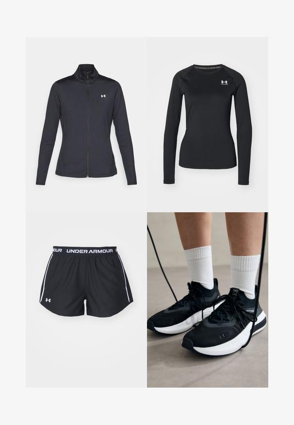 Schwarze Sportjacke aus glattem, dehnbarem Stoff mit hohem Kragen und durchgehendem Reißverschluss, ausgestattet mit einem kleinen weißen Logo auf der oberen linken Seite.; Schwarzes langärmliges Sportshirt aus glattem Material, mit Rundhalsausschnitt und einem kleinen weißen Logo auf der linken Brust.; Schwarze Sportshorts mit weißen seitlichen Akzenten und einem elastischen Bund, auf dem der Schriftzug "UNDER ARMOUR" in fettem Text zu sehen ist. Glattes, feuchtigkeitsableitendes Material.; Schwarze Sportschuhe aus strukturiertem Stoff, mit weißer Sohle und schwarzen Schnürsenkeln. Tragen mit weißen gerippten Socken, stehen auf einer hellen Fläche.