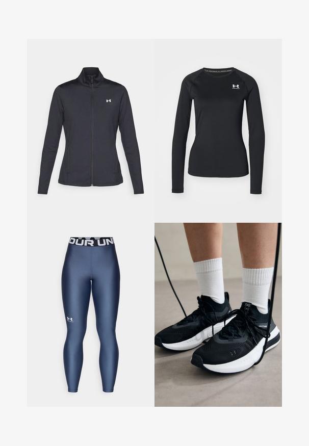 Chaqueta deportiva negra hecha de una tela suave y elástica, con cuello alto y cremallera completa, que presenta un pequeño logo blanco en la parte superior izquierda.; Camisa atlética de manga larga negra hecha de una tela suave, con un escote redondo y un pequeño logotipo blanco en el lado izquierdo del pecho.; Leggings ajustados de color azul marino con una textura suave, cintura elástica con "UNDER ARMOUR" en blanco y detalle del logo en la parte inferior de la pierna.; Zapatillas deportivas negras con tela texturizada, suela blanca y cordones negros. Llevadas con calcetines blancos de canalé, de pie sobre una superficie clara.