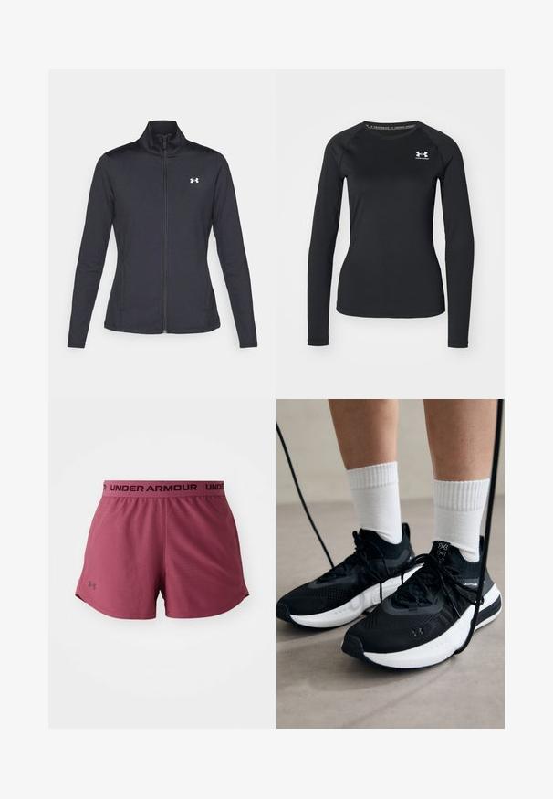 Musta urheilutakki, joka on valmistettu sileästä ja joustavasta kankaasta. Takissa on korkea kaulus ja täysipitkä vetoketju, sekä pieni valkoinen logo vasemmalla ylhäällä.; Musta pitkähihainen urheilupaita, joka on valmistettu sileästä kankaasta. Paidassa on pyöreä kaula-aukko ja pieni valkoinen logo vasemmalla rinnalla.; Bordeaux-väriset urheilushortsit, joissa on sileä pinta. Musta joustava vyötärönauha, jossa on "UNDER ARMOUR" -logo. Sivuleikkaukset joustavuuden parantamiseksi.; Mustat urheilukengät, joissa on teksturoitua kangasta, valkoiset pohjat ja mustat nauhat. Yhdistetty valkoisten urheilusukkien kanssa, seisten vaalealla pinnalla.