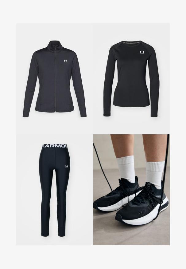 Musta urheilutakki, joka on valmistettu sileästä ja joustavasta kankaasta. Takissa on korkea kaulus ja täysipitkä vetoketju, sekä pieni valkoinen logo vasemmalla ylhäällä.; Musta pitkähihainen urheilupaita, joka on valmistettu sileästä kankaasta. Paidassa on pyöreä kaula-aukko ja pieni valkoinen logo vasemmalla rinnalla.; Merenkallioiset urheilulegginsit, joissa on valkoinen elastinen vyötärö, jossa lukee "ARMOUR". Mukana pieni valkoinen logo vasemmassa yläreunassa.; Mustat urheilukengät, joissa on teksturoitua kangasta, valkoiset pohjat ja mustat nauhat. Yhdistetty valkoisten urheilusukkien kanssa, seisten vaalealla pinnalla.