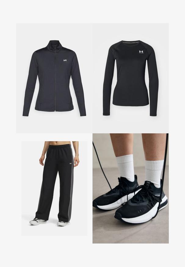 Zwarte sportjack gemaakt van glad, rekbaar materiaal met een hoge kraag en een volledige ritssluiting, met een klein wit logo op de bovenste linkerkant.; Zwart sportshirt met lange mouwen, gemaakt van een gladde stof, met een ronde halslijn en een klein wit logo op de linkerborst.; Zwarte sportbroek met een elastische tailleband, contrasterende grijze zijpanelen, witte piping en een losse pasvorm, gemaakt van een gladde stof.; Zwarte sportschoenen van gestructureerde stof, met een witte zool en zwarte veters. Draag ze met witte geribde sokken, staand op een lichte ondergrond.