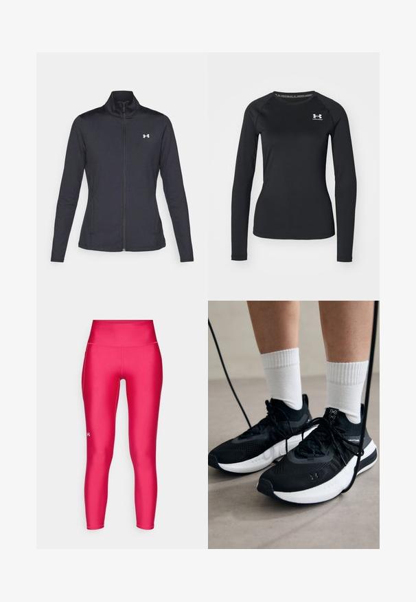 Veste de sport noire en tissu lisse et extensible avec un col montant et une fermeture éclair intégrale, arborant un petit logo blanc sur le côté supérieur gauche.; T-shirt de sport noir à manches longues en tissu lisse, avec un col rond et un petit logo blanc sur la poitrine gauche.; Leggings ajustés en rose vif, fabriqués en tissu lisse et extensible. Dotés d'une taille haute et d'un petit logo blanc sur la jambe inférieure.; Chaussures de sport noires en tissu texturé, avec une semelle blanche et des lacets noirs. Portées avec des chaussettes blanches côtelées, debout sur une surface claire.