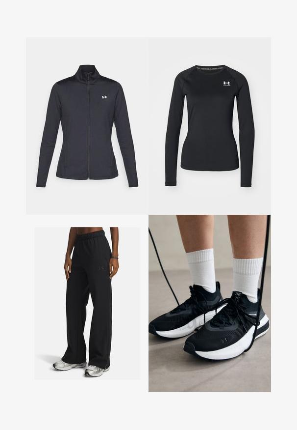 Juodas sportinis švarkas, pagamintas iš lygios, elastingos medžiagos, su aukštu apykakle ir pilnu užtrauktuku, su maža balta logo kairiajame viršutiniame kampe.; Juoda ilgarankovė sportinė marškinėlė, pagaminta iš lygaus audinio, su apvaliu kaklu ir maža balta logotipu kairėje krūtinės pusėje.; Juodos treniruotės kelnės su elastingu juosmeniu, šoninėmis kišenėmis ir mažu logotipu kairėje šlaunyje, pagamintos iš minkštos, tekstūruotos medžiagos.; Juodi sportiniai batai su tekstūruotu audiniu, balta padu ir juodais raiščiais. Dėvimi su baltais raištiniais kojiniais, stovint lengvame paviršiuje.