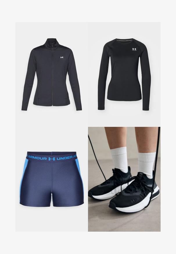 Casaco atlético preto feito de um tecido liso e elástico, com gola alta e zíper completo, apresentando um pequeno logótipo branco no canto superior esquerdo.; Camisola atlética de manga longa preta, feita de tecido suave, com decote redondo e um pequeno logótipo branco no lado esquerdo do peito.; Calções atléticos azul marinho com painéis laterais azul claro. Apresentam uma cintura elástica com o logótipo da Under Armour. Tez suave e elástica.; Sapatilhas desportivas pretas com tecido texturizado, sola branca e atacadores pretos. Usadas com meias brancas caneladas, a pé sobre uma superfície clara.