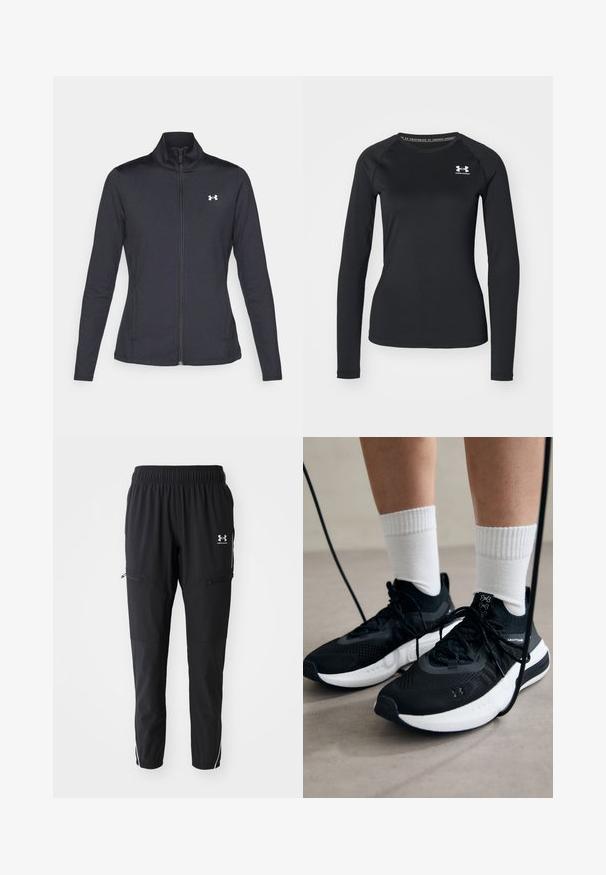 Casaco atlético preto feito de um tecido liso e elástico, com gola alta e zíper completo, apresentando um pequeno logótipo branco no canto superior esquerdo.; Camisola atlética de manga longa preta, feita de tecido suave, com decote redondo e um pequeno logótipo branco no lado esquerdo do peito.; Calças atléticas pretas com cintura elástica, bolsos laterais com fechos de correr e riscas brancas em contraste ao longo dos lados. Material leve.; Sapatilhas desportivas pretas com tecido texturizado, sola branca e atacadores pretos. Usadas com meias brancas caneladas, a pé sobre uma superfície clara.