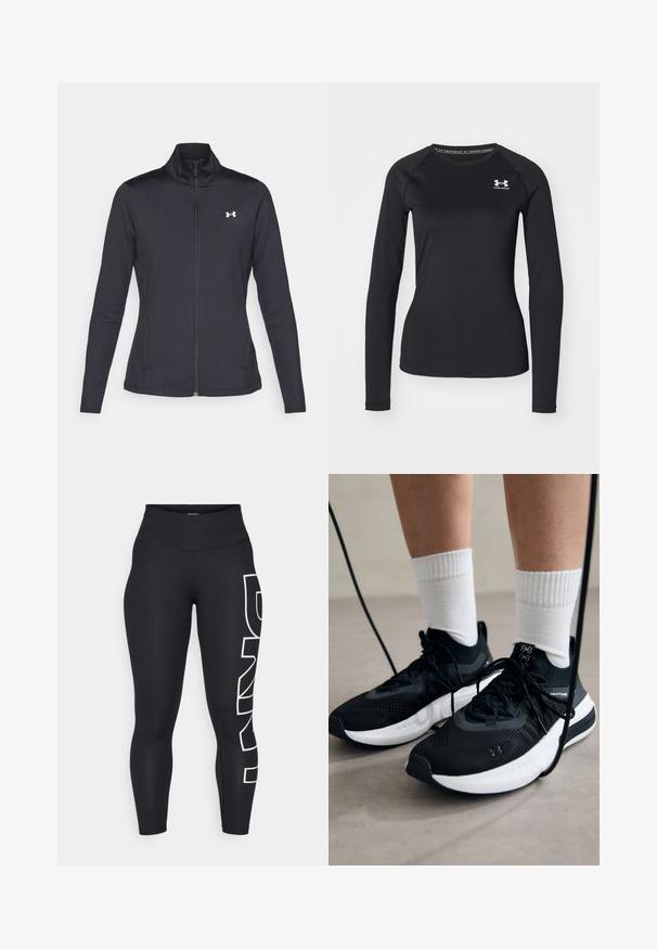 Giacca sportiva nera realizzata in tessuto morbido ed elasticizzato, con colletto alto e zip completa, caratterizzata da un piccolo logo bianco sul lato sinistro superiore.; Maglietta sportiva nera a maniche lunghe realizzata in tessuto liscio, con scollatura tonda e un piccolo logo bianco sul lato sinistro del petto.; Leggings neri realizzati in tessuto elasticizzato con vita alta. Presentano un grande logo bianco stampato verticalmente sulla gamba sinistra. Texture liscia.; Scarpe sportive nere con tessuto testurizzato, suola bianca e lacci neri. Indossate con calzini bianchi a costine, in piedi su una superficie chiara.