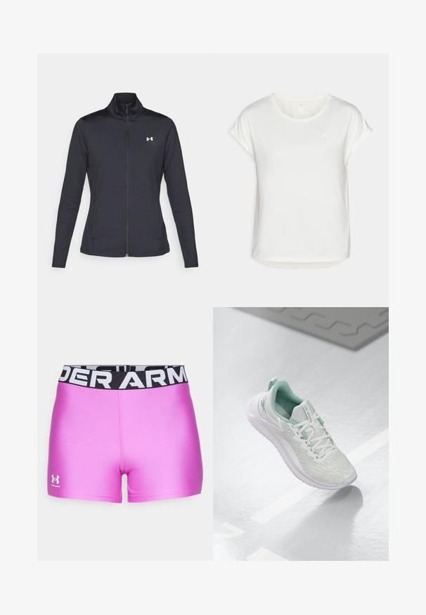 Melnās sporta jakas izgatavotas no gludas, elastīgas auduma ar augstu apkakli un pilnu rāvējslēdzēju, ar nelielu baltu logo augšējā kreisajā pusē.; Baltā īsajās piedurknēs T-krekls ar apaļu kakla izgriezumu, izgatavots no gludas auduma. Tam ir sarullētas piedurknes un maiga logo detaļa uz krūtīm.; Rozā sporta šorti ar gludu tekstūru. Melns jostasvieds ar baltiem burtiem "UNDER ARMOUR". Logo kreisajā kājā.; Gaišpelēka sporta apava ar teksturētu trikotāžas augšu, mentolzaļiem akcentiem, baltām šņorēm, gumijas zoli un cilpu uz papēža.