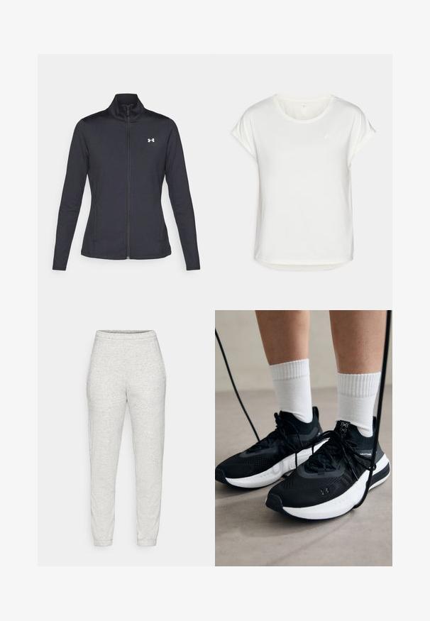 Fekete sportos dzseki sima, rugalmas anyagból, magas gallérral és teljes cipzárral, az elülső bal oldalon egy kis fehér logóval.; Fehér, rövid ujjú póló kerek nyakkivágással, sima anyagból készült. Rolled sleeves kialakítással és egy finom logó részlettel a mellkason.; Világosszürke melegítőnadrág puha, texturált anyagból. Az öv rugalmas, a bokák felé elkeskenyedő fazonú. Egyszerű dizájn, zsebek és minták nélkül.; Fekete sportcipők textúrált anyagból, fehér talppal és fekete fűzőkkel. Fehér bordázott zoknikkal viselve, világos felületen állva.
